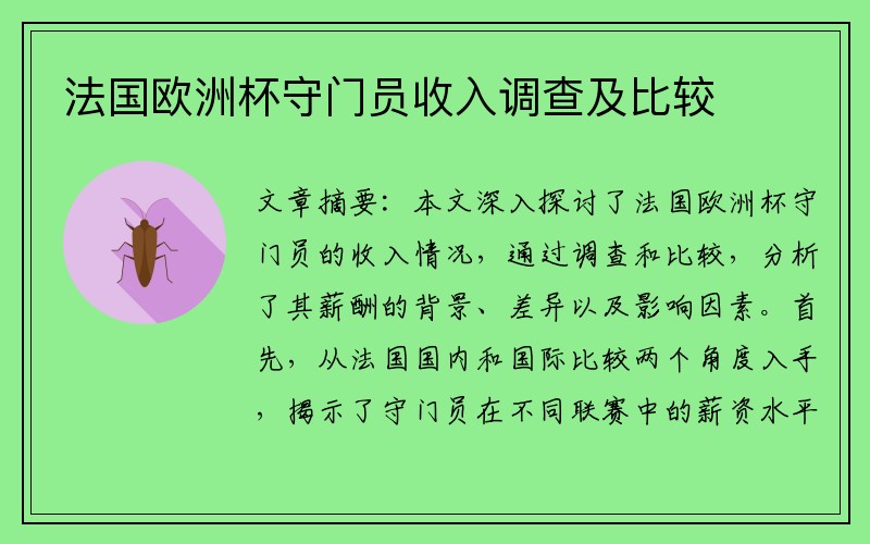 法国欧洲杯守门员收入调查及比较