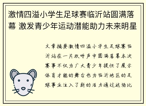 激情四溢小学生足球赛临沂站圆满落幕 激发青少年运动潜能助力未来明星诞生